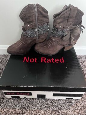 Not Rated Brown Suede Mid-Calf Heeled Boots with Beaded Wrap